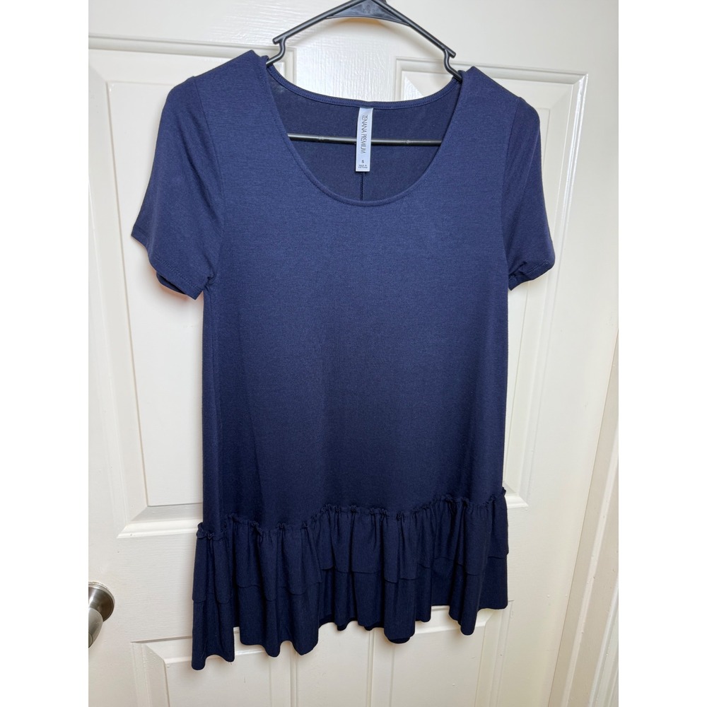 Zenana Premium Navy Blue Ruffle Hem Tunic Top Short Sleeve Scoop Neck Small